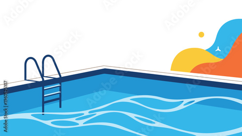 Modern swimming pool design with a ladder and stylized blue and orange abstract waves in the background for a summer vibe.