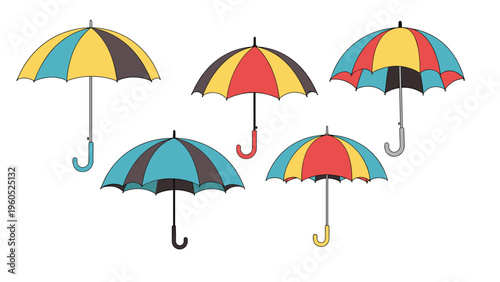 Collection of five colorful striped umbrellas with curved handles isolated on a plain white background for weather concepts.