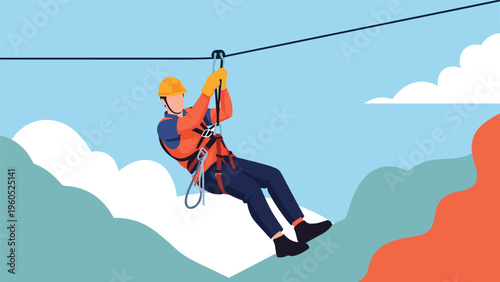 Adventurous person wearing safety gear and a helmet sliding down a zip line against a scenic sky with clouds.
