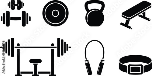 A collection of black silhouette icons showcases diverse fitness gear for gym workouts and exercise routines