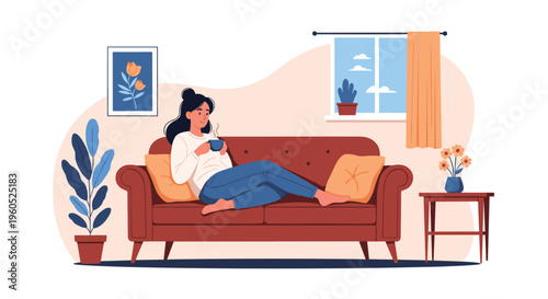 Young woman relaxing on a comfortable brown sofa at home while holding a blue mug of hot coffee or tea near a bright window.