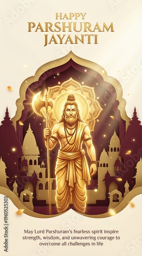 Golden Lord Parshuram with his axe stands majestically within an ornate, layered archway adorned with mandalas and temple silhouettes, celebrating his divine birth