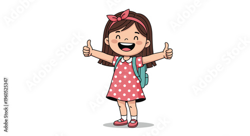 Cheerful young schoolgirl wearing a polka dot dress and backpack giving a double thumbs up gesture on a white background.