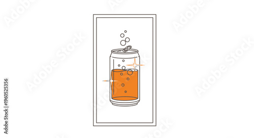 Refreshing fizzy orange beverage in an open metallic can with rising bubbles and sparkling