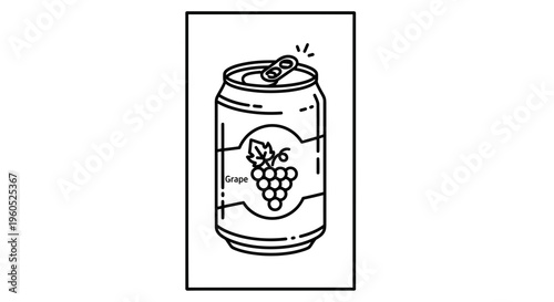 Detailed line art illustration of an open grape flavored soda can, perfect for beverage designs or