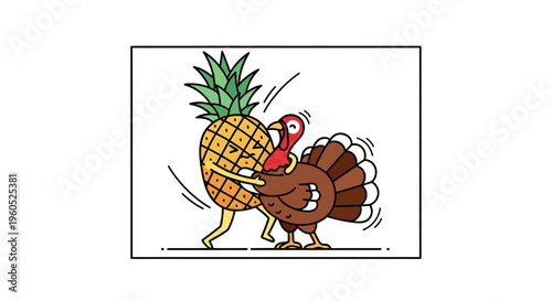 Whimsical illustration of a lively dancing pineapple and happy turkey celebrating joyfully