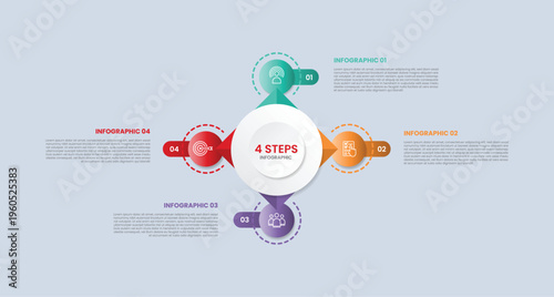 Circle base infographic with glossy gradient style with big circle with arrow spreading all direction with dotted line edge with four segment information