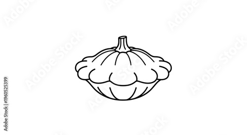 Minimalist black outline drawing of a unique pattypan squash, ideal for food-related designs