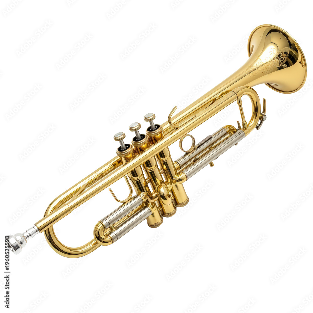 Obraz premium Golden Brass Trumpet Musical Instrument With Silver Valves Isolated On a transparent Background