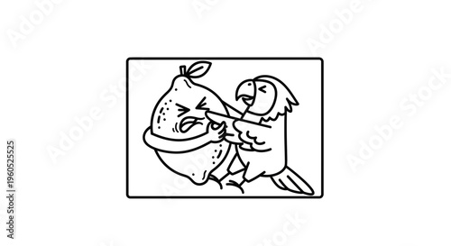 Humorous cartoon illustration of a cheerful parrot playfully poking a distressed lemon, depicting