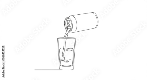 Continuous line drawing of a refreshing carbonated drink pouring into a glass on a white background