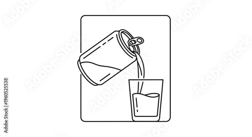 Pouring refreshing drink from a metal can into a clear glass vessel simple line art illustration