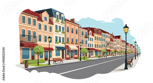 Charming city street lined with colorful classic European buildings street lamps and benches under a clear sky.