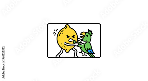 Vibrant doodle depicting a feisty lemon character in a standoff with a mischievous green parrot