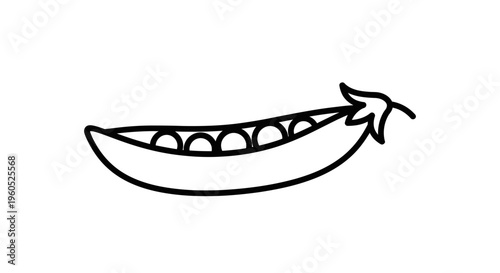 Minimalist black and white line art illustration of a fresh open pea pod with individual peas