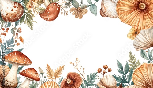 A whimsical border of mushrooms, leaves, and berries on white background