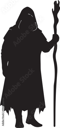 Old hooded wizard standing with wooden staff vector silhouette illustration for game design