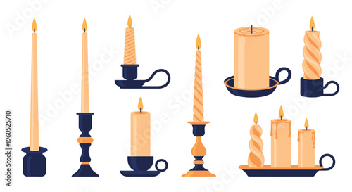 Assorted collection of decorative candles in different shapes sizes and holders for home decor and lighting.