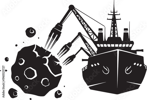 Space mining vessel ship extracting ore from asteroid vector silhouette illustration science