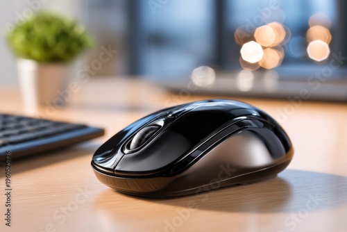 Glossy Black Computer Mouse with Fingerprints on Office Desk Surface in Soft Focus Background