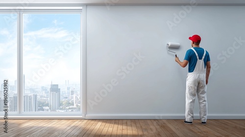 Professional painter applying fresh paint to a wall during home renovation in a modern apartment