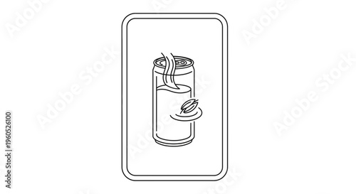 Stylized line art of a steaming canned beverage with coffee beans, ideal for packaging and cafe