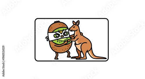 Vibrant cartoon illustration of a masked kiwi fruit character playfully interacting with a brown