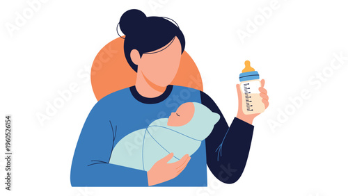 Caring mother holding her newborn baby wrapped in a blanket while preparing a milk bottle for infant feeding.