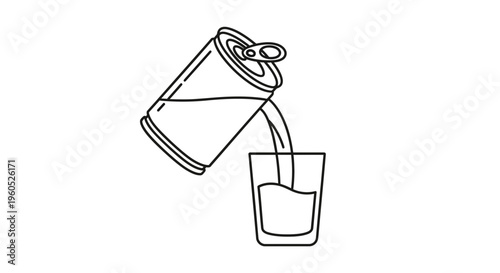Crisp line drawing of a refreshing drink being poured from an aluminum can into a transparent