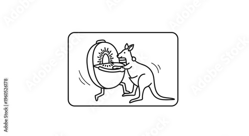 A playful line art illustration of a kangaroo propelling a kiwi fruit character forward