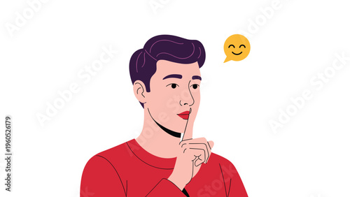 Young man wearing a red shirt making a quiet gesture by shushing with a smiley face emoji bubble in the air.