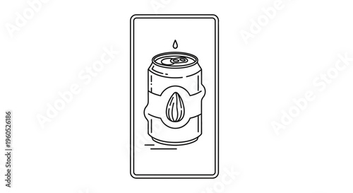 Minimalist line art of a chilled almond beverage can with condensation and a refreshing droplet