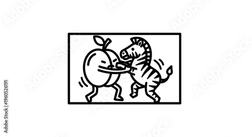 Playful interaction between a cheerful anthropomorphic apple and a dancing zebra in a whimsical