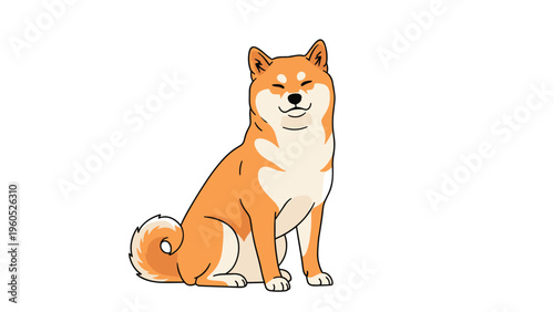 Adorable orange and white Shiba Inu dog sitting with a content expression on a plain white background for pet concepts.