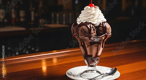 Decadent Chocolate Ice Cream Sundae with Whipped Cream and Cherry on a Wooden Bar Counter