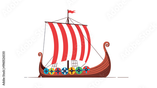 Majestic Viking longship with a red and white striped sail and colorful shields floating on water for historical themes.