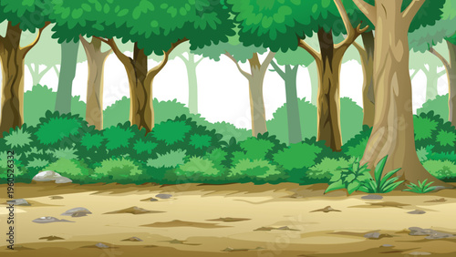 Lush green forest scene with a dirt path and dense foliage