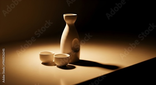 Elegant White Ceramic Sake Bottle and Cups Illuminated by Warm Light on a Dark Background, Traditional Japanese Drinkware Still Life