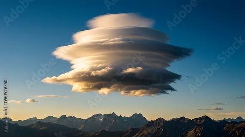 Majestic Lenticular Cloud Floating Above Mountain Peaks During Golden Hour Sunset