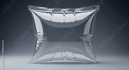 Square clear plastic inflated pillow pouch, empty and isolated on a dark background.