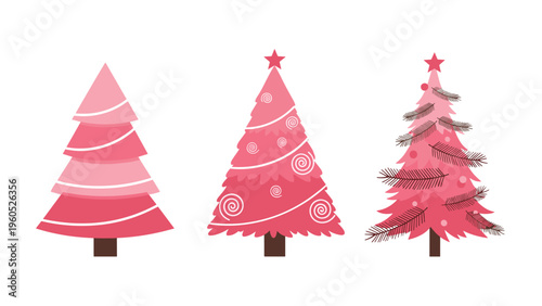 Three different styles of pink Christmas trees including a modern tiered version and a traditional decorated holiday tree.