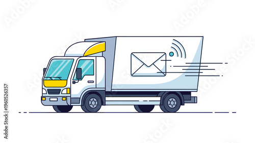 Fast moving delivery truck with a mail envelope and Wi-Fi signal icon on its side for logistics and e-commerce concepts.