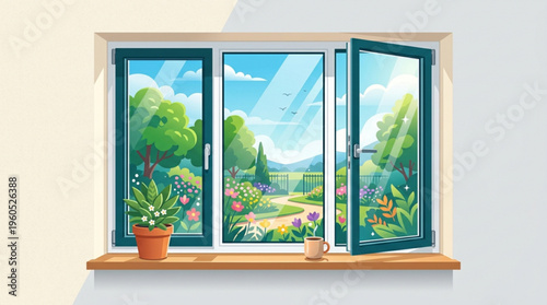 Serene garden view from open window with potted plant and cup on sill sunny day with blue sky and fluffy clouds