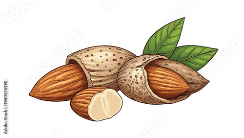 Realistic illustration of whole and shelled almonds with green leaves on a plain white background for food and nutrition.