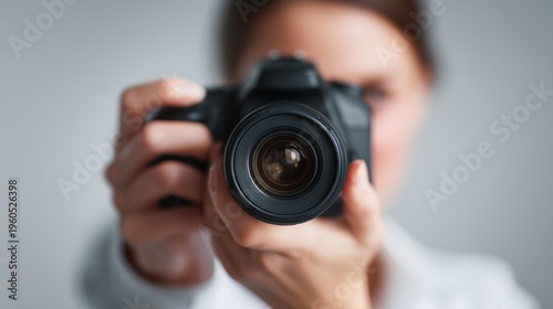 Woman holding a camera with outstretched arms, lens pointing directly forward
