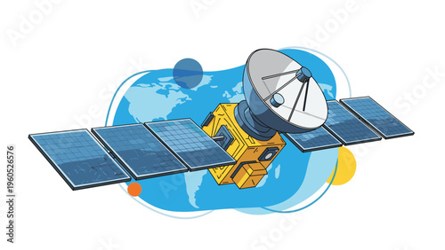 Scientific satellite orbits the planet with extended solar panels and a communication dish for space exploration and data transmission.
