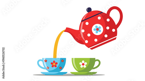 Bright red teapot with white polka dots pours tea into two colorful decorative cups for a cozy and inviting beverage break illustration.