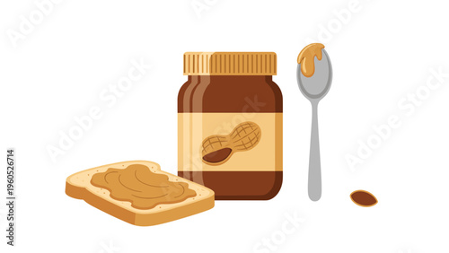 Jar of creamy peanut butter sits next to a slice of bread and a metal spoon with a dollop of spread for healthy snack time concepts.