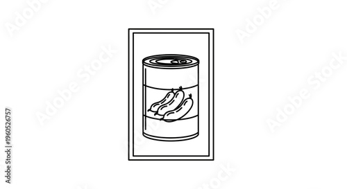 Minimalist line art illustration of preserved gherkins in a sealed tin can food packaging graphic