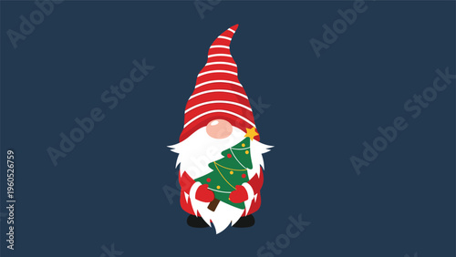 Adorable Christmas gnome with a long white beard and red striped hat holds a small decorated evergreen tree for holiday festive decor.